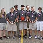 CA Golf From left, Coach Mike Jones, Jesse Rogers, Warner Jones, Forrest Shoemaker, Devin Northrip, J.T. Washington, Hunter Harmon, Scott Shankle and Coach Sonny Wright. Photo by Joel McNeece