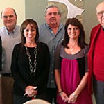 Students from the Small Town Center at MSU spoke to the Rotary Club. Pictured, from left, are Leah Kemp of MSU, Mayor J.R. Denton, Beautification Committee Connie Caviness, Rotary President Charlie Simmons, Chamber President Laura Edwards and Rotarian John Burt.