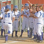 lady rams86 Sydney Huffman is greeted at home plate after hitting a home run in the Lady Rams' win over Ingomar. Photo by Joel McNeece